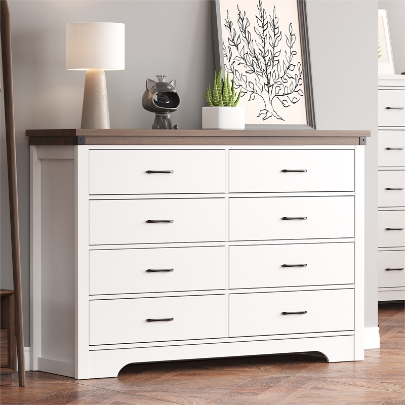 Farmhouse 8-Drawer Dresser with Anti-Tipping Device & Storage Organizer - White