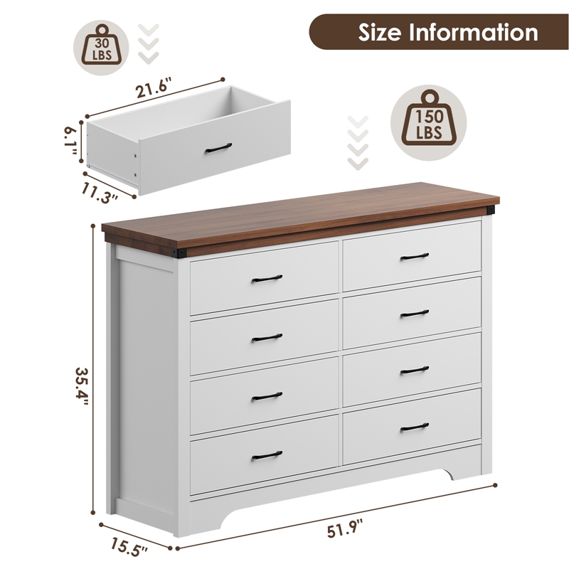 Farmhouse 8-Drawer Dresser with Anti-Tipping Device & Storage Organizer - White