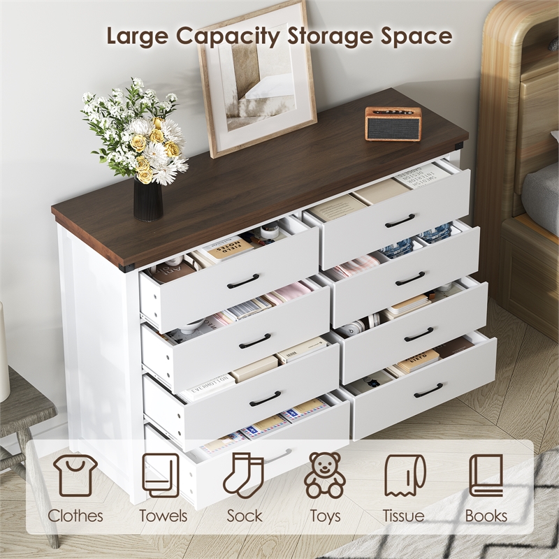 Farmhouse 8-Drawer Dresser with Anti-Tipping Device & Storage Organizer - White