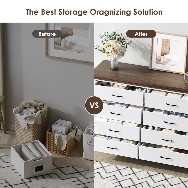 Farmhouse 8-Drawer Dresser with Anti-Tipping Device & Storage Organizer - White