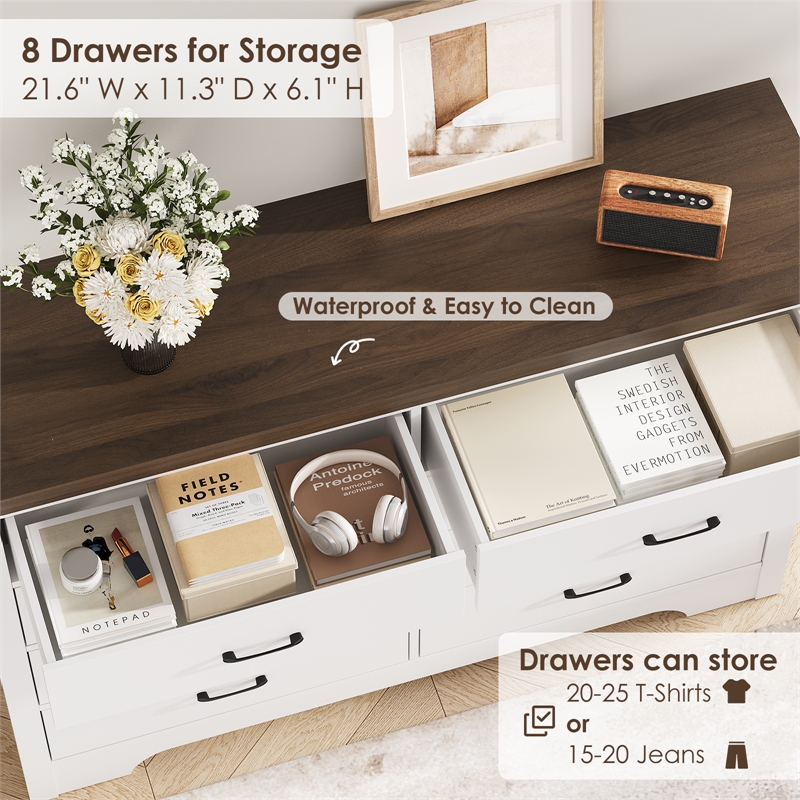 Farmhouse 8-Drawer Dresser with Anti-Tipping Device & Storage Organizer - White