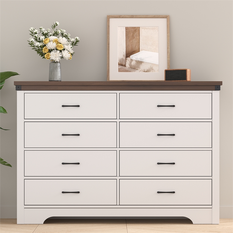 Farmhouse 8-Drawer Dresser with Anti-Tipping Device & Storage Organizer - White