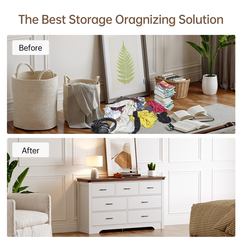 Farmhouse 7-Drawer Dresser with Anti-Tipping Device & Storage Organizer - White