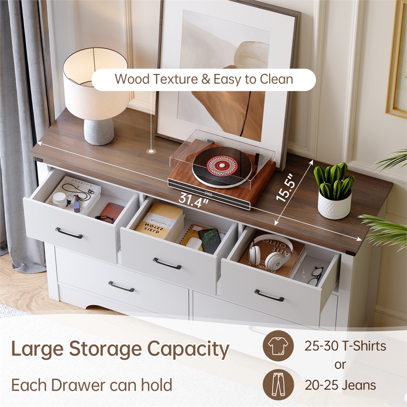 Farmhouse 7-Drawer Dresser with Anti-Tipping Device & Storage Organizer - White