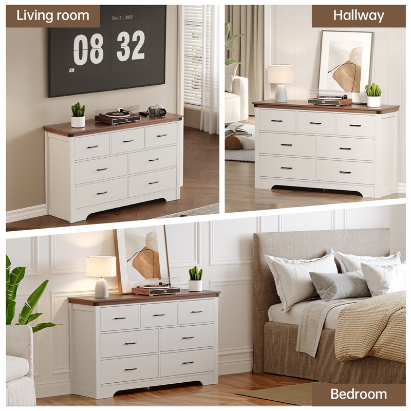 Farmhouse 7-Drawer Dresser with Anti-Tipping Device & Storage Organizer - White