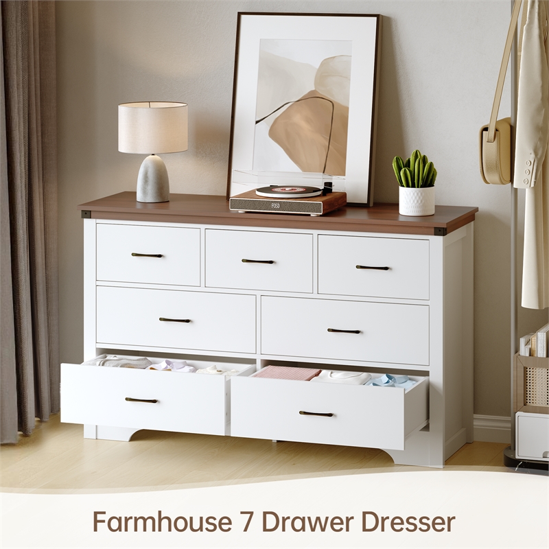 Farmhouse 7-Drawer Dresser with Anti-Tipping Device & Storage Organizer - White