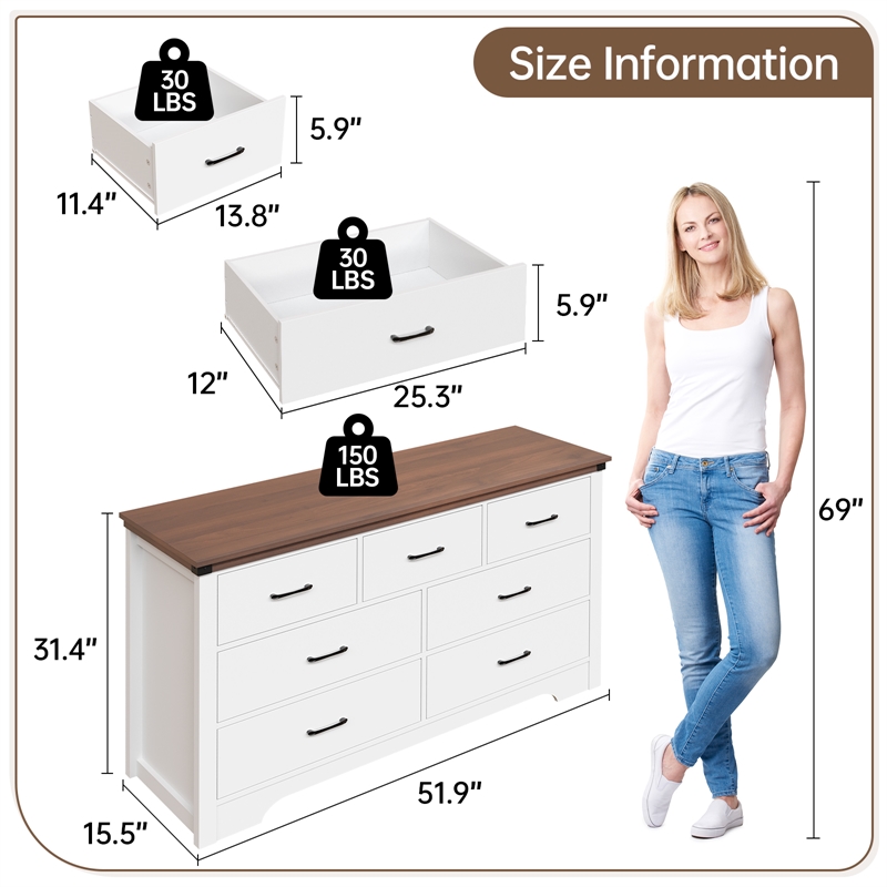 Farmhouse 7-Drawer Dresser with Anti-Tipping Device & Storage Organizer - White