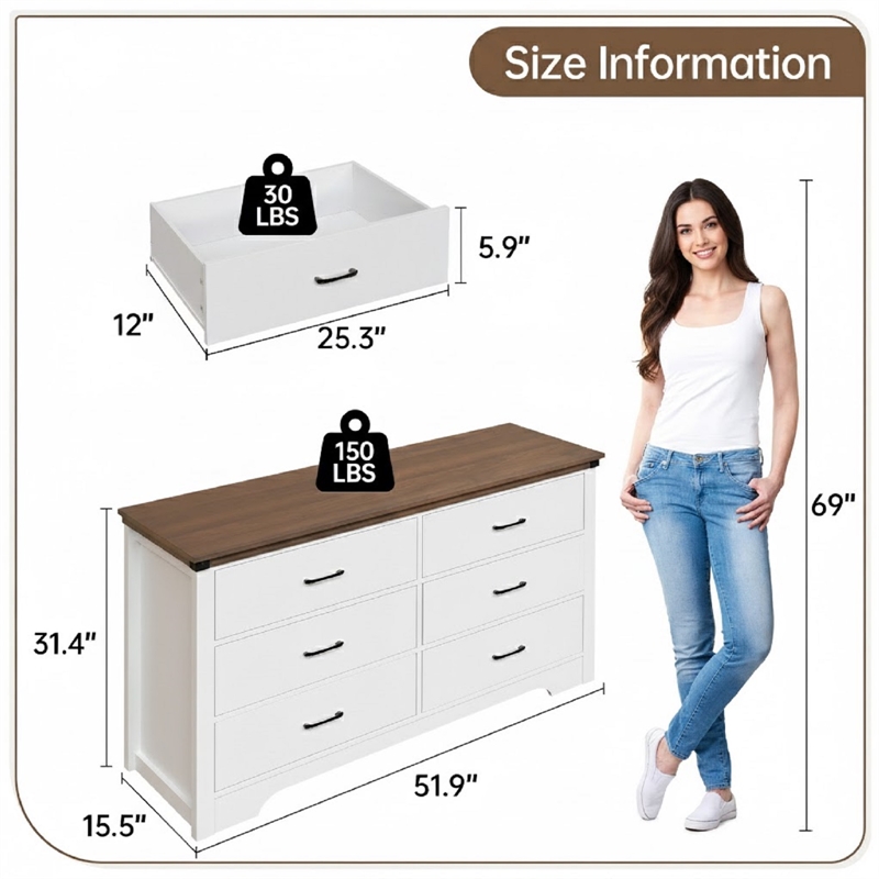 Farmhouse 6-Drawer Dresser with Anti-Tipping Device & Storage Organizer - White