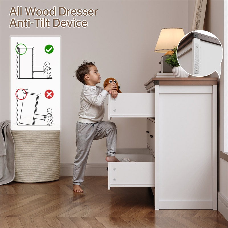 Farmhouse 6-Drawer Dresser with Anti-Tipping Device & Storage Organizer - White