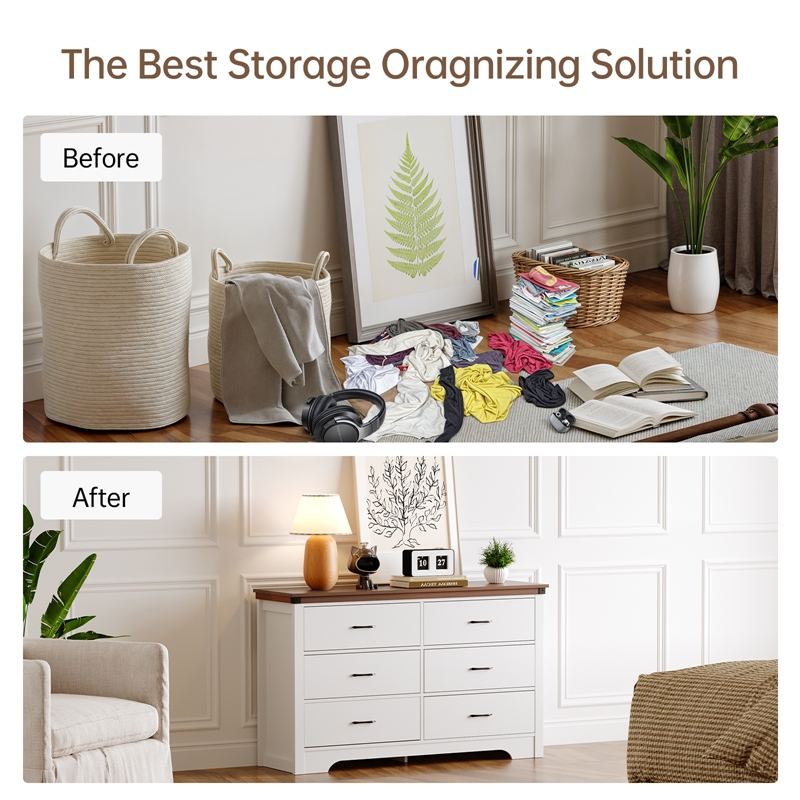 Farmhouse 6-Drawer Dresser with Anti-Tipping Device & Storage Organizer - White