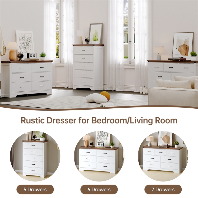 Farmhouse 6-Drawer Dresser with Anti-Tipping Device & Storage Organizer - White