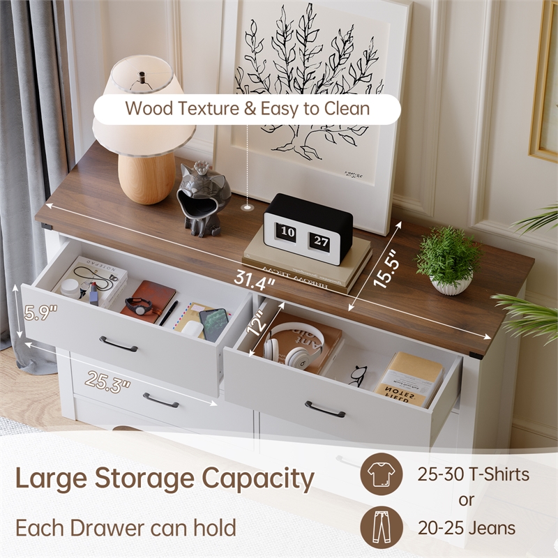 Farmhouse 6-Drawer Dresser with Anti-Tipping Device & Storage Organizer - White
