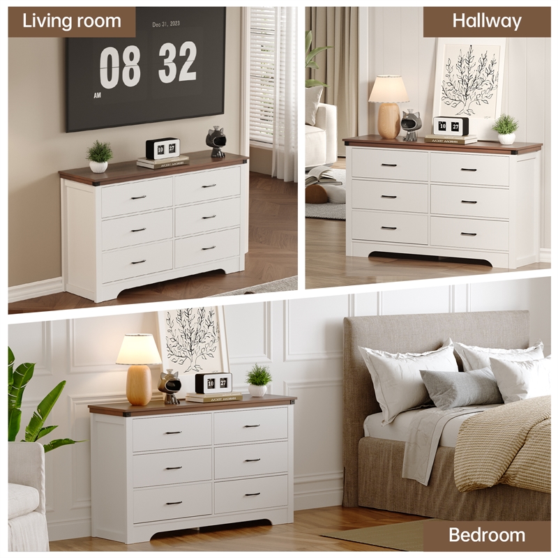 Farmhouse 6-Drawer Dresser with Anti-Tipping Device & Storage Organizer - White