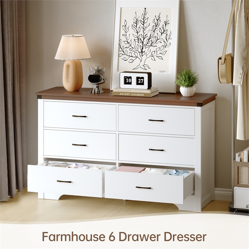Farmhouse 6-Drawer Dresser with Anti-Tipping Device & Storage Organizer - White