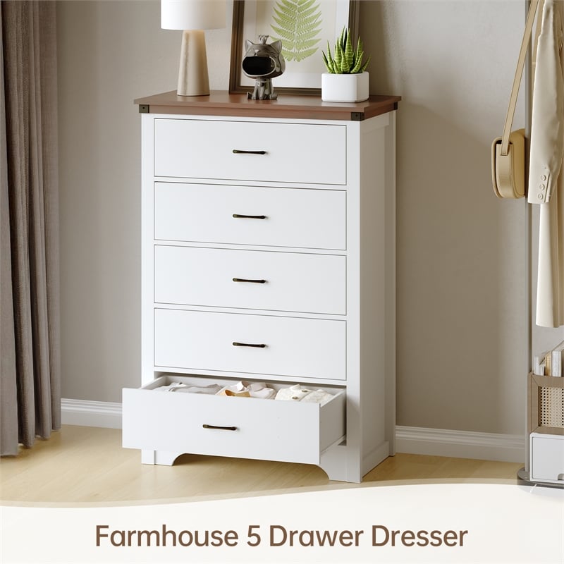 Farmhouse 5-Drawer Dresser with Anti-Tipping Device & Storage Organizer - White