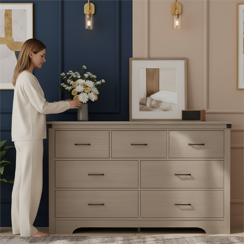 Modern 7-Drawer Dresser with Anti-Tipping Device & Storage Organizer - Oak