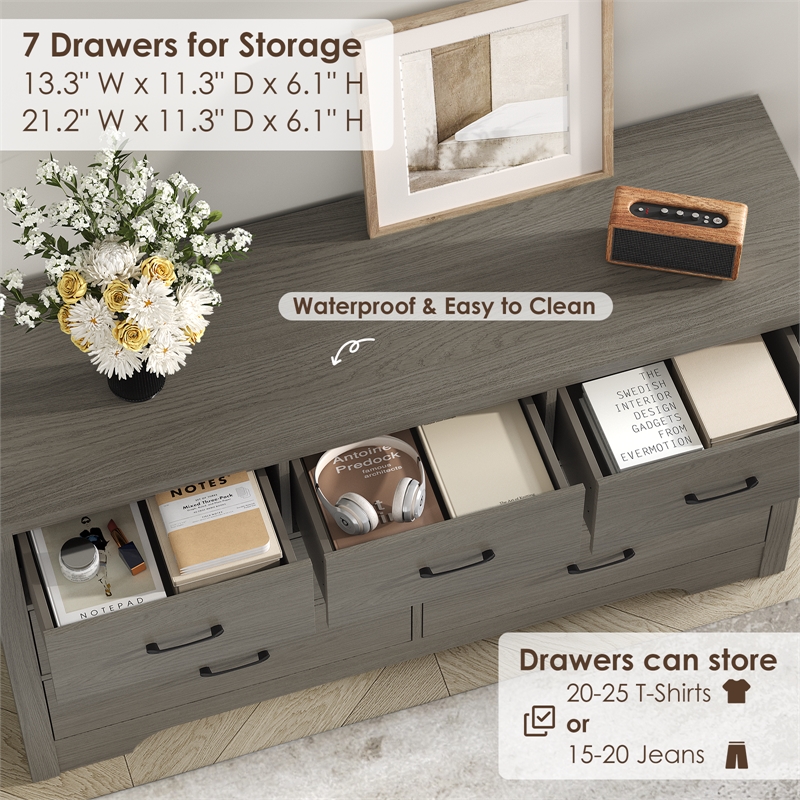 Modern 7-Drawer Dresser with Anti-Tipping Device & Storage Organizer  - Gray