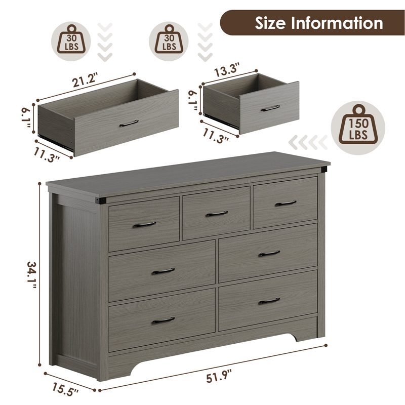 Modern 7-Drawer Dresser with Anti-Tipping Device & Storage Organizer  - Gray