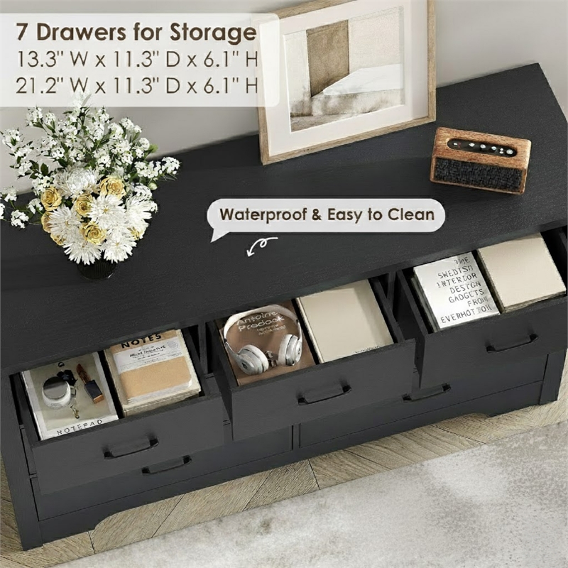 Modern 7-Drawer Dresser with Anti-Tipping Device & Storage Organizer - Black