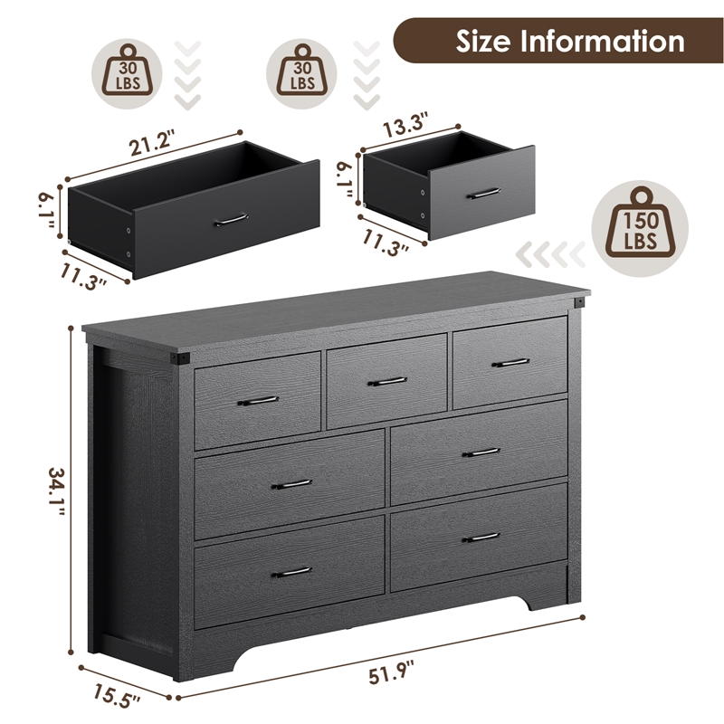 Modern 7-Drawer Dresser with Anti-Tipping Device & Storage Organizer - Black