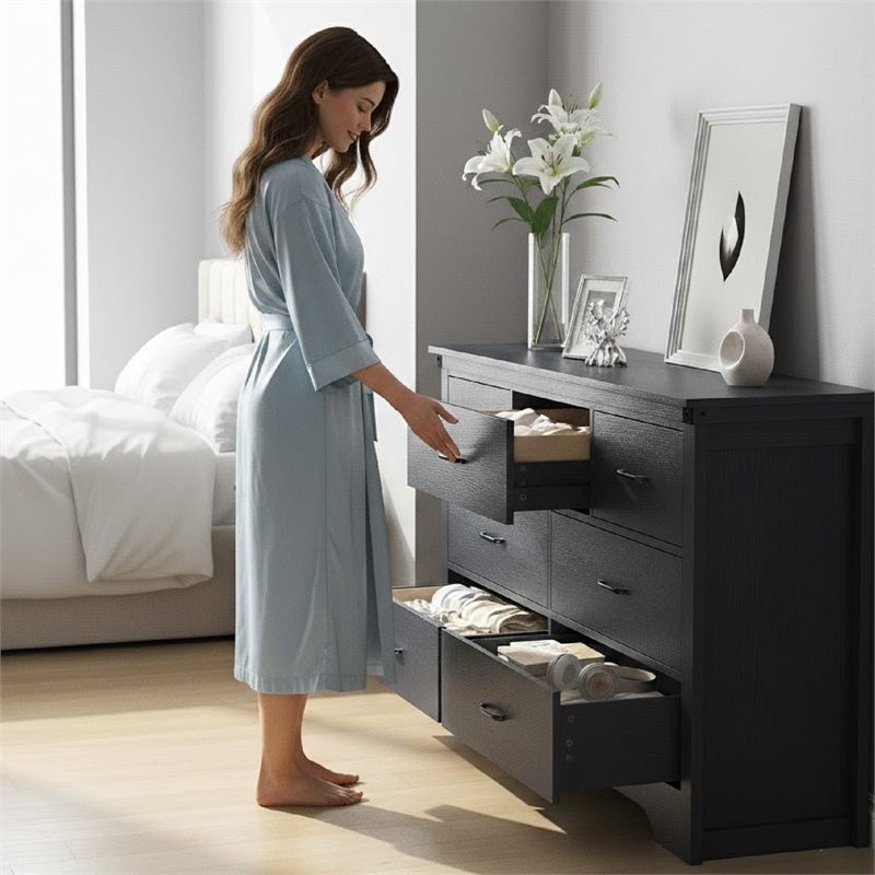 Modern 7-Drawer Dresser with Anti-Tipping Device & Storage Organizer - Black