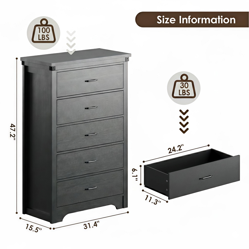 Modern 5-Drawer Dresser with Anti-Tipping Device & Storage Organizer - Black