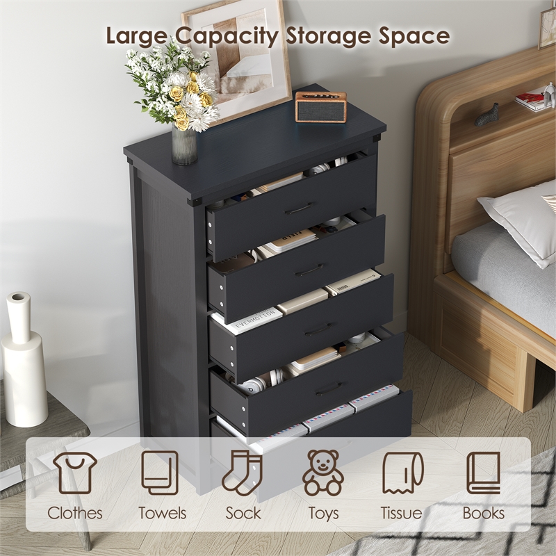 Modern 5-Drawer Dresser with Anti-Tipping Device & Storage Organizer - Black