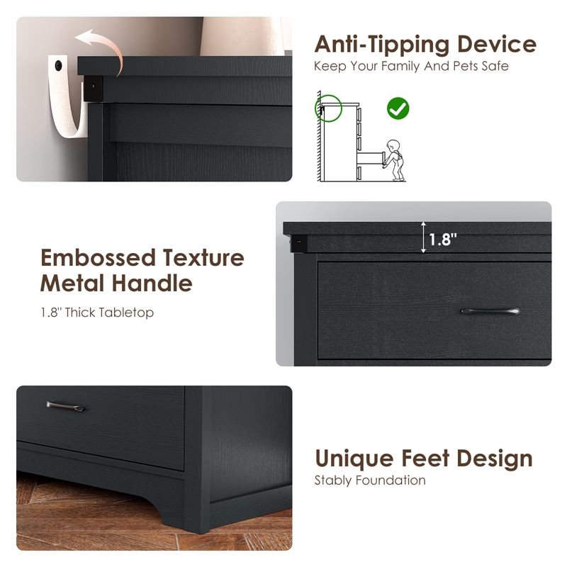 Modern 5-Drawer Dresser with Anti-Tipping Device & Storage Organizer - Black