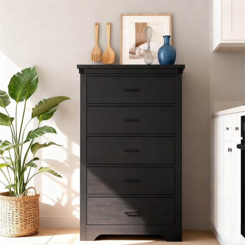 Modern 5-Drawer Dresser with Anti-Tipping Device & Storage Organizer - Black