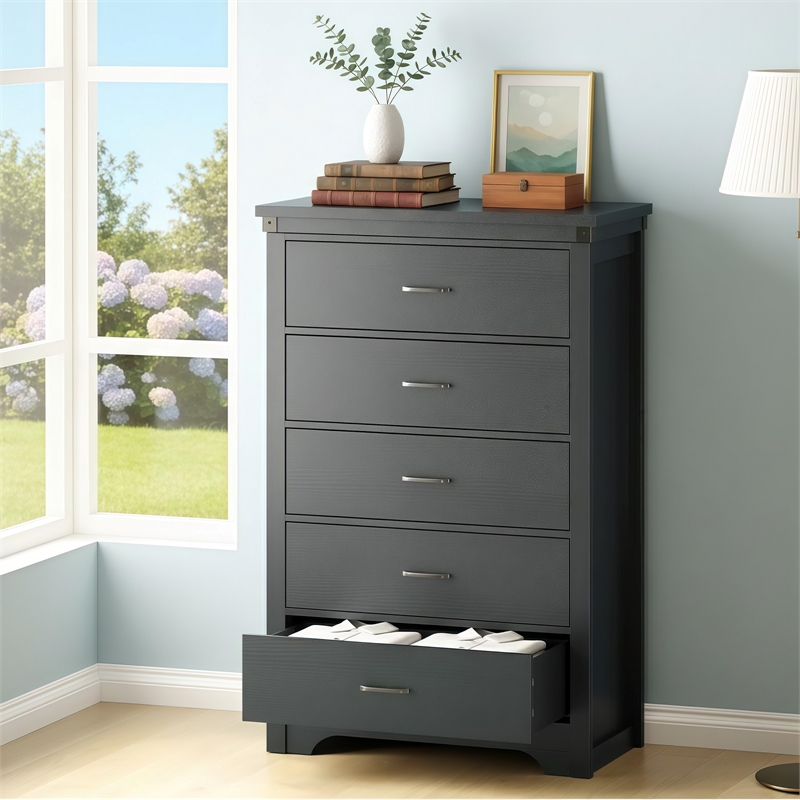 Modern 5-Drawer Dresser with Anti-Tipping Device & Storage Organizer - Black