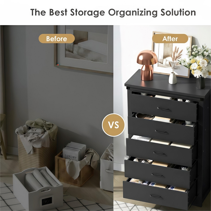 Modern 5-Drawer Dresser with Anti-Tipping Device & Storage Organizer - Black