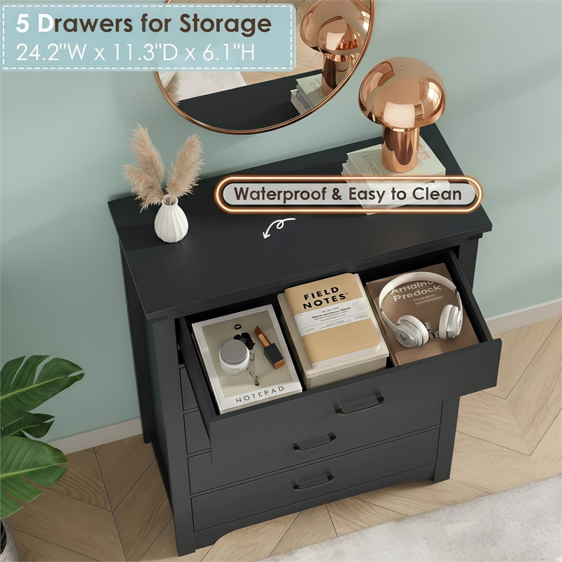 Modern 5-Drawer Dresser with Anti-Tipping Device & Storage Organizer - Black