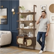Boho Engineered Wood Wall-Mounted Bookshelf with Rattan Cabinet - Light Brown