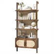 Boho Engineered Wood Wall-Mounted Bookshelf with Rattan Cabinet - Light Brown
