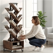 360-Degree Rotating Double V Bookcase with Lockable Wheels & Storage - Brown