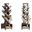 360-Degree Rotating Double V Bookcase with Lockable Wheels & Storage - Brown