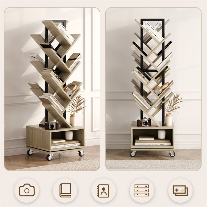 360-Degree Rotating Double V Bookcase with Lockable Wheels & Storage - Gray