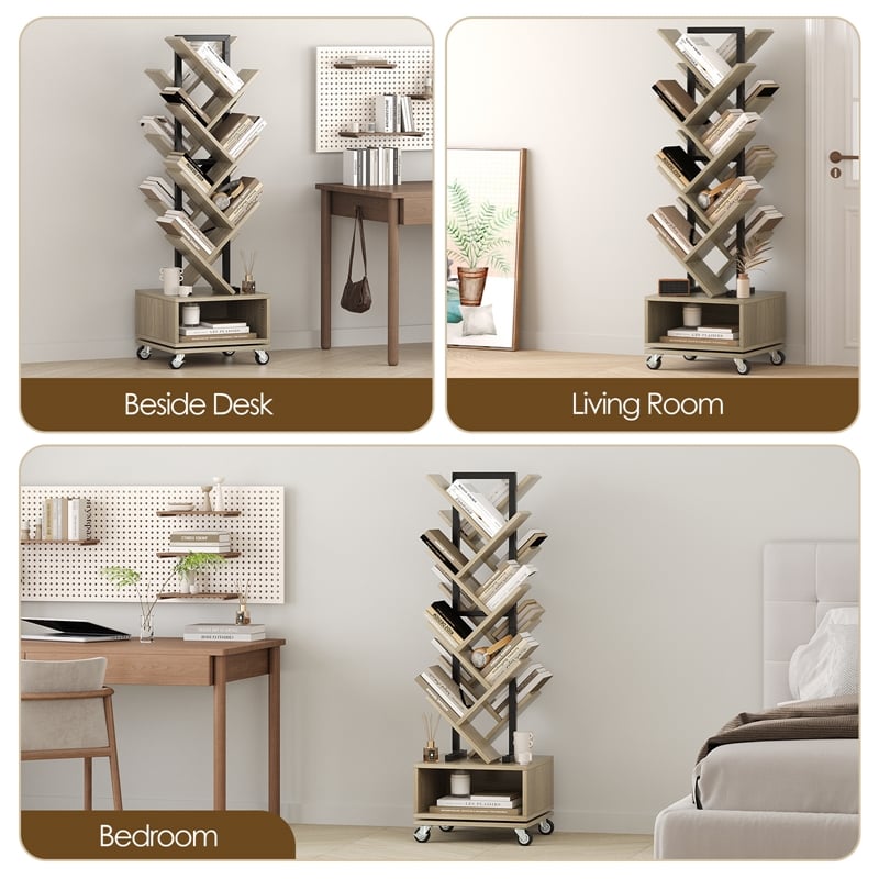 360-Degree Rotating Double V Bookcase with Lockable Wheels & Storage - Gray