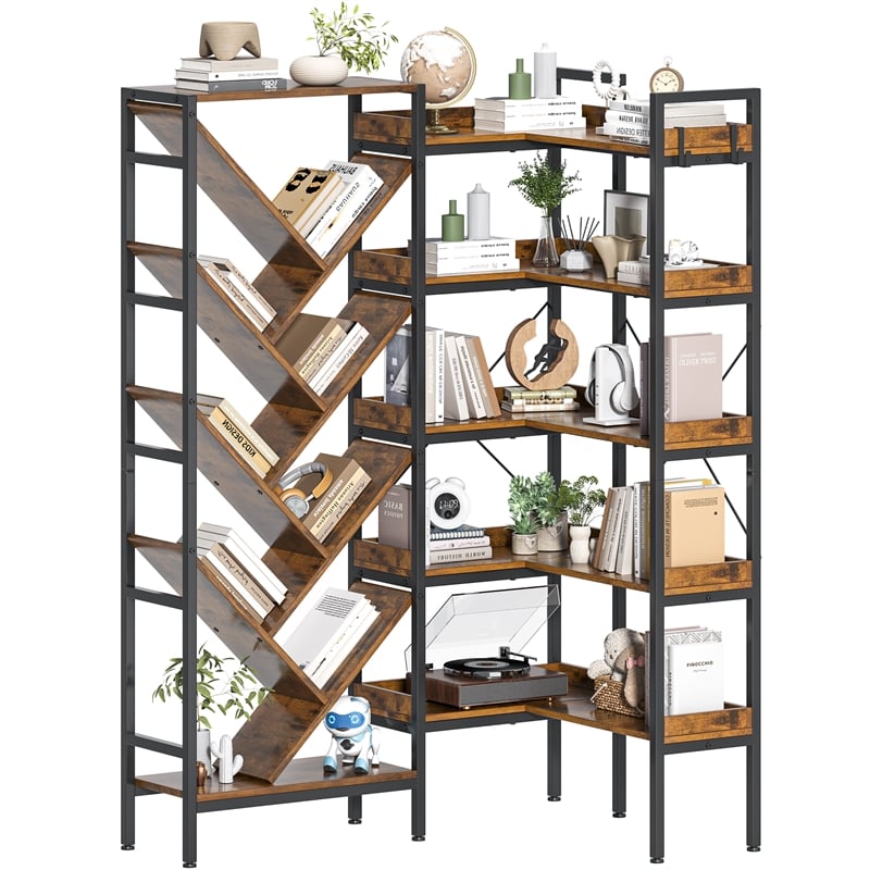 L-Shaped Corner & Straight Combo Bookcase with 5-Tier shelf & Metal Frame -Brown