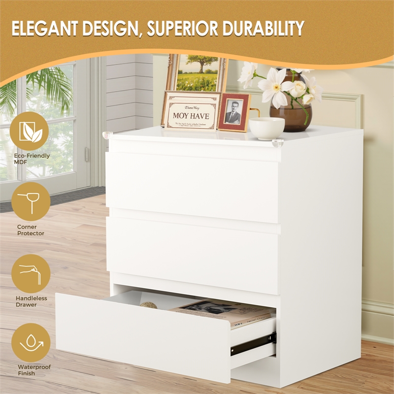White Handleless 3-Drawer End Table with Waterproof Finish & Corner Protectors