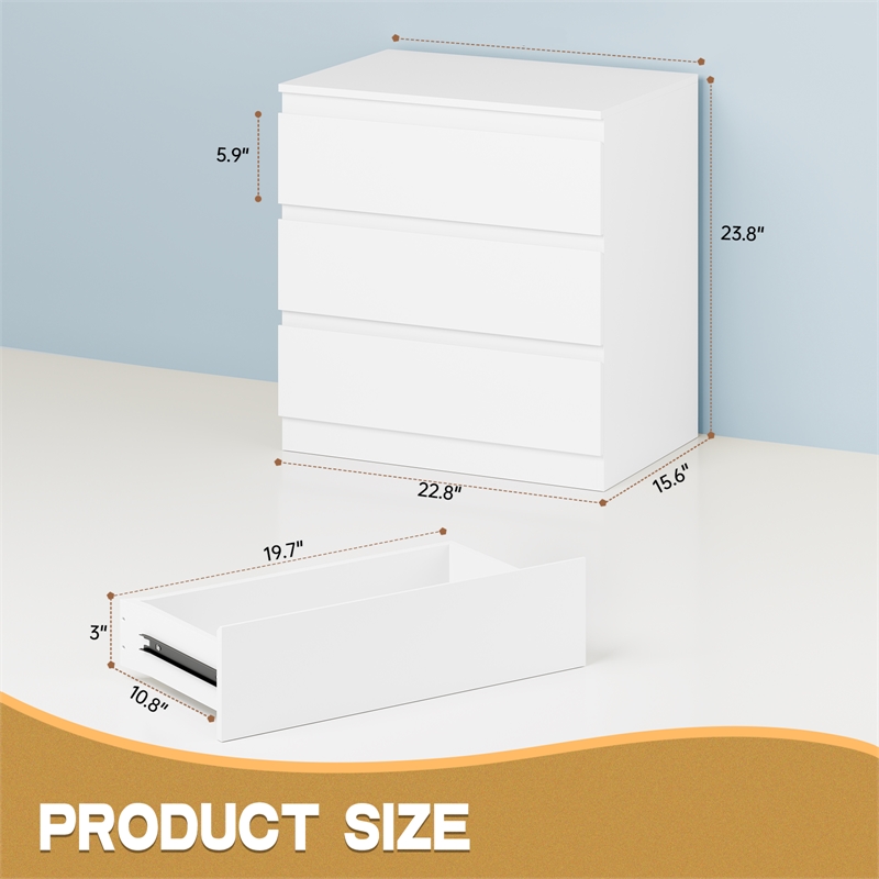 White Handleless 3-Drawer End Table with Waterproof Finish & Corner Protectors