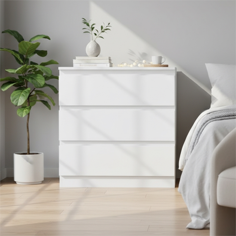 White Handleless 3-Drawer End Table with Waterproof Finish & Corner Protectors