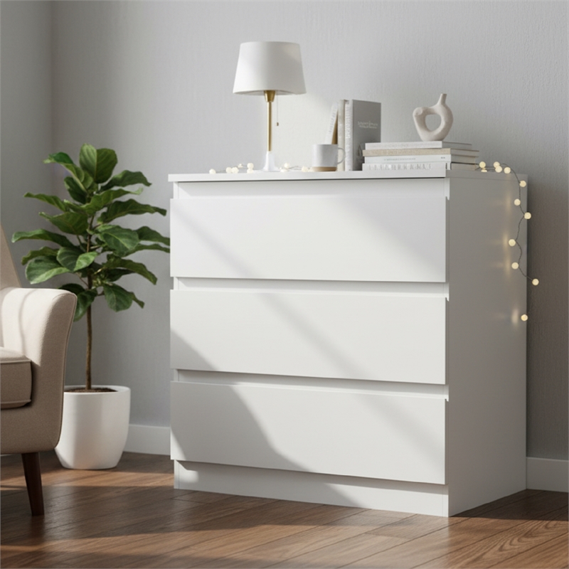 White Handleless 3-Drawer End Table with Waterproof Finish & Corner Protectors