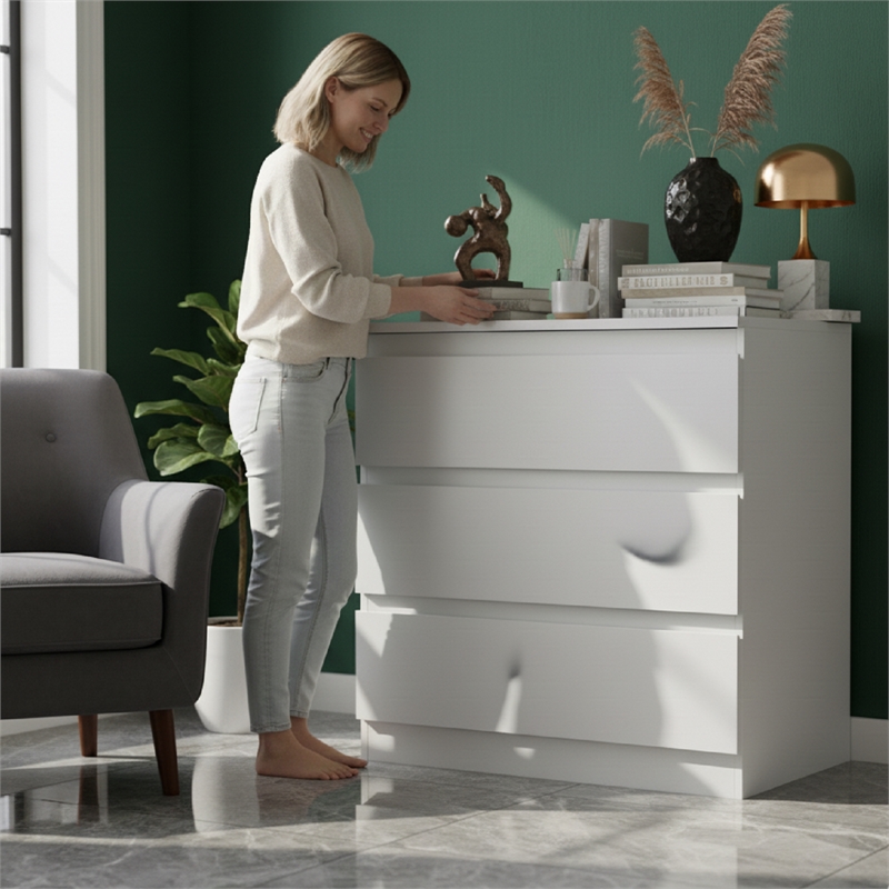 White Handleless 3-Drawer End Table with Waterproof Finish & Corner Protectors