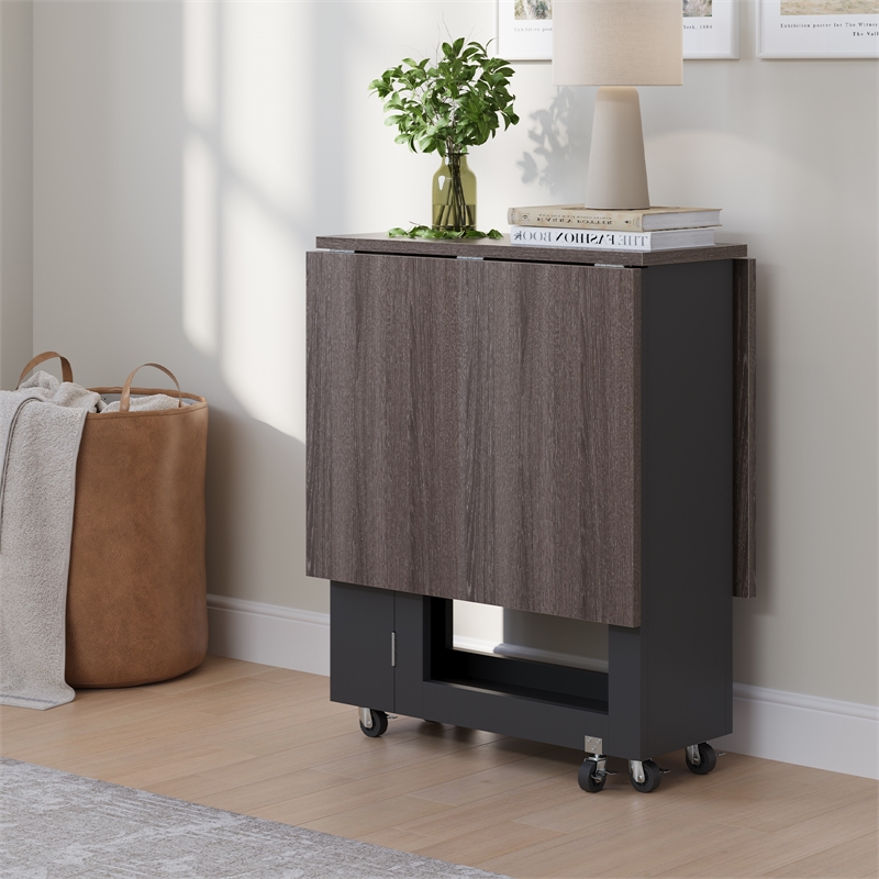 Space-Saving Folding Dining Table with 2-Layer Shelving & Lockable Wheels - Gray