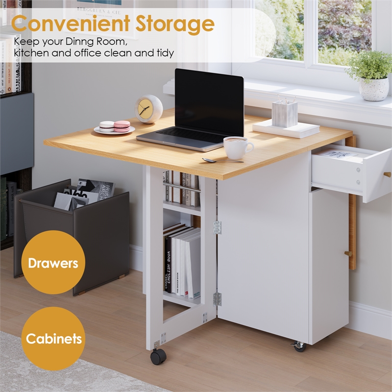 Space-Saving Folding Dining Table with Drawer & Cabinet - White