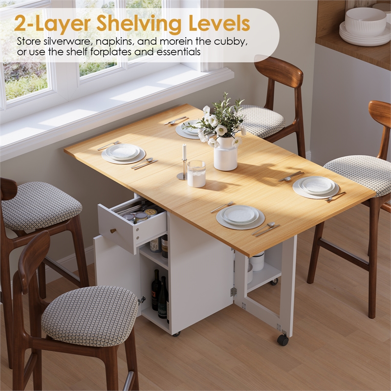 Space-Saving Folding Dining Table with Drawer & Cabinet - White