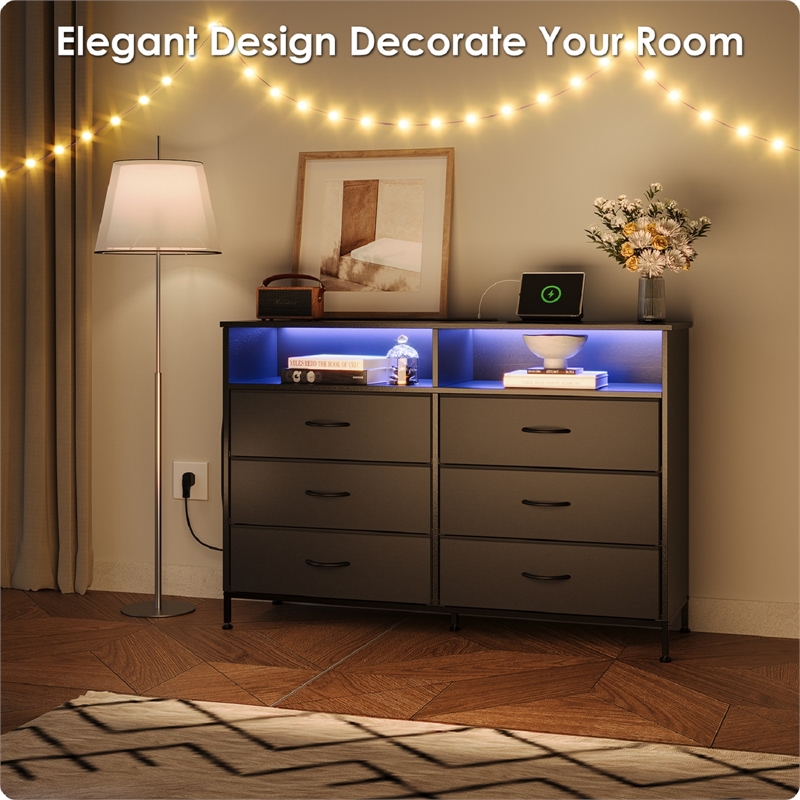 Black 6-Drawer Fabric Dresser with RGB LED Lights & Built-in Power Strip