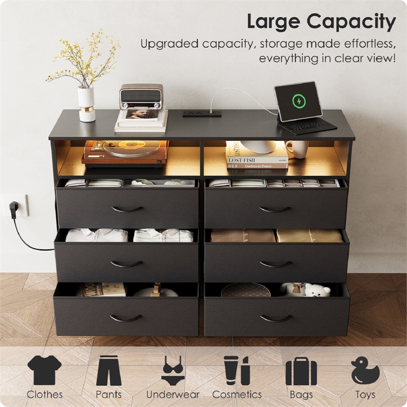 Black 6-Drawer Fabric Dresser with RGB LED Lights & Built-in Power Strip