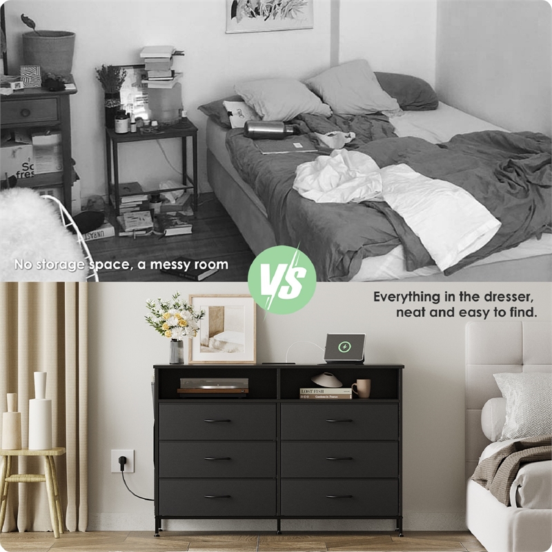 Black 6-Drawer Fabric Dresser with RGB LED Lights & Built-in Power Strip